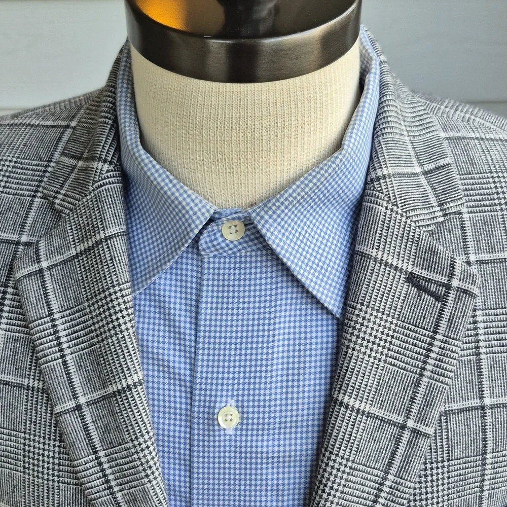 EXPRESS Grey White Plaid Wool Cotton Blend Sz 40 R Extra Slim‎ Mens Sport Coat